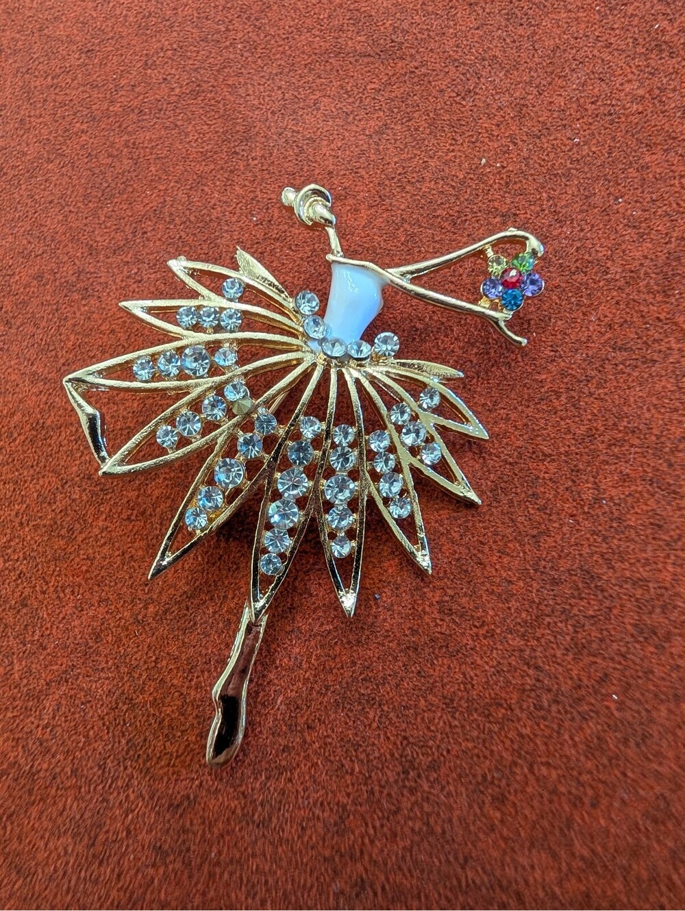 Ballerina Brooch Pin Gold Tone Rhinestone
